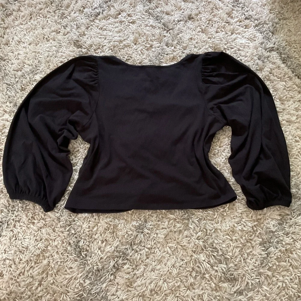 Banana Republic Black Ruched V-Neck Puff Sleeve Knit Top Large